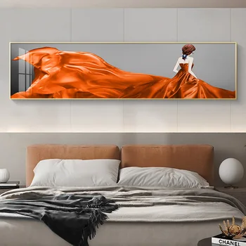 Оранжевое платье, Абстрактное Женское Настенное искусство, картина на холсте с рамкой, Танцовщица, Сзади, Скандинавский плакат, Принты, Современный рисунок, Картина для дома