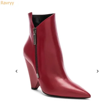 Красные Женские ботинки на танкетке и высоком каблуке с боковой молнией и острым носком, Пикантные модные Ботильоны из натуральной кожи, Демисезонная Комфортная Короткая обувь