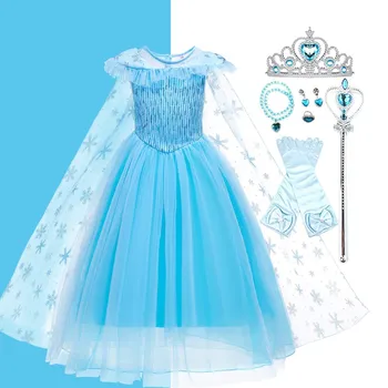 Платье Эльзы для девочек Детское Голубое платье Принцессы со Снежинками Детский Рождественский Карнавальный костюм Нарядное платье Принцессы для маленьких девочек 3-10 лет