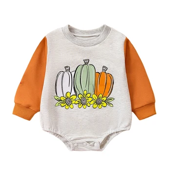 Толстовки для маленьких девочек и мальчиков, комбинезон, Одежда на День Благодарения, осенние боди контрастного цвета с цветочным принтом тыквы и длинными рукавами для малышей