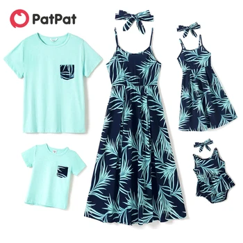 PatPat/новое поступление, летние мозаичные семейные платья на бретелях с пальмовыми листьями, Однотонные футболки, комбинезоны, Короткие комплекты в семейном стиле