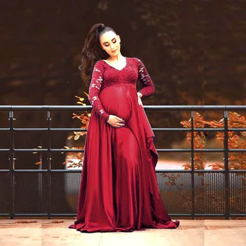 Макси-платье для беременных с длинным рукавом, платья для фотосессии, Элегантное Кружевное Платье для беременных с высоким разрезом, Реквизит для фотосъемки