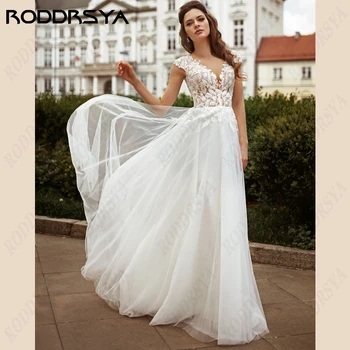 RODDRSYA, Большие размеры, кружевные аппликации, Свадебные платья, Простые платья без рукавов с цветами для невесты, Тюлевые пляжные гражданские свадебные платья