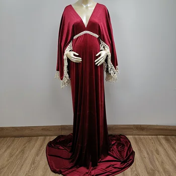 Рождественские Платья для беременных Фотосессия в стиле Бохо, Бархатное платье для беременных с V-образным вырезом и расклешенными рукавами, реквизит для фотосессии, подарки для душа ребенка