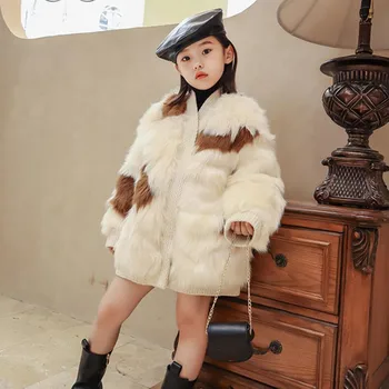 Роскошное детское шерстяное пальто, Зимние новые толстые теплые куртки из натурального меха для девочек A1691