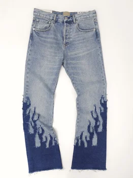 9.0 GD Микро Расклешенные джинсы Мужские Женские Уличные Джинсовые Высококачественные Винтажные Длинные брюки с огненными штанинами