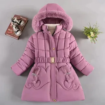 Зимняя куртка-пуховик для девочек, детское теплое пальто принцессы с меховым воротником и принтом любви, верхняя одежда с капюшоном для подростков, детская одежда на день рождения от 4 до 12 лет