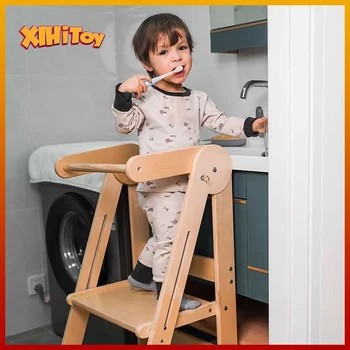 Детский столик для стирки XIHATOY, табурет-стремянка, детская обучающая башня с подлокотником, противоскользящий из массива дерева, складной