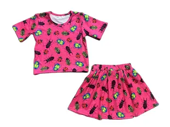 Самая продаваемая детская одежда для девочек, Розовый топ с принтом жука, юбка, костюм из молочного шелка, бутик оптовой продажи