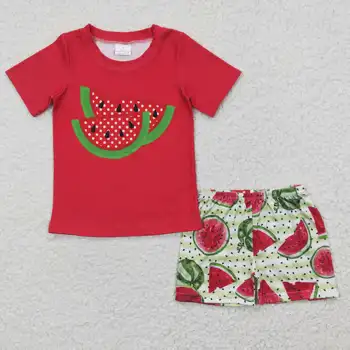 Новая стильная детская одежда RTS с рисунком Арбуза, Комплекты красной одежды для маленьких мальчиков, летние костюмы