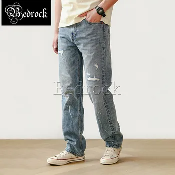 MBBCAR 14 унций, сильно выстиранные винтажные рваные брюки с вышивкой брызгами чернил, мужские оригинальные прямые джинсы из денима High street selvedge 7463