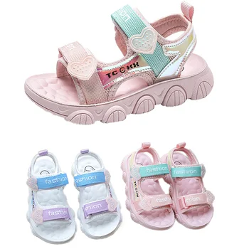 Летняя детская обувь для девочек от 4 до 12 лет, дышащие противоскользящие спортивные сандалии на плоской подошве с крючком и петлей, Модные пляжные сандалии для девочек