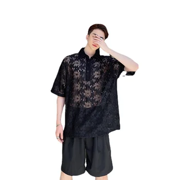 Мужская модная летняя открытая кружевная футболка с цветочным рисунком, прозрачная, Черный, абрикосовый цвет