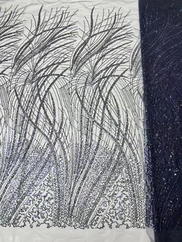 Высококачественная кружевная ткань ручной работы с бисером, Голубая вышивка бисером, Нигерийская 3D вышивка, Сетчатая кружевная ткань для свадебных платьев