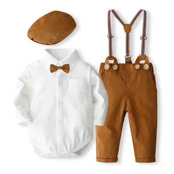 Одежда для маленьких мальчиков, костюмы для маленьких джентльменов, платье с длинным рукавом, Брюки на подтяжках, берет с галстуком-бабочкой, Шляпа, Свадебный комплект