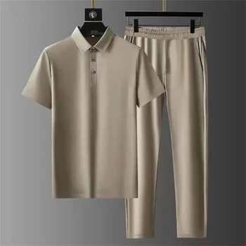 Летний Однотонный повседневный модный мужской комплект из двух предметов, Новая тонкая рубашка поло, комплект брюк, Свободный Удобный дышащий мужской костюм