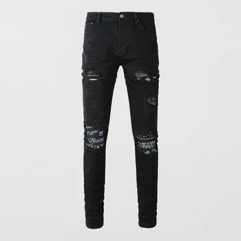 Высокие Уличные Модные Мужские Джинсы, Черные Эластичные Обтягивающие Рваные джинсы, Мужские Дизайнерские брюки в стиле хип-хоп с заплатками Пейсли, Брендовые брюки Hombre