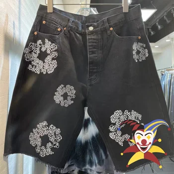Джинсовые шорты с рисунком Капок, инкрустированные бриллиантами, Мужские И Женские выстиранные винтажные шорты Kanye