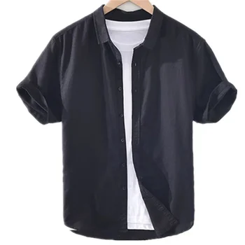 Мужская высококачественная Льняная рубашка 2023 Года, Однотонная, с коротким рукавом и пуговицами, Мягкая, удобная, простая и модная Мужская одежда
