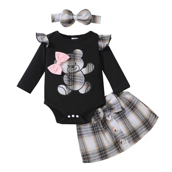Комплект одежды из 3 предметов для маленьких девочек, Комбинезон с длинными рукавами и мишкой, юбка в клетку, повязка на голову с бантом, Осенний наряд