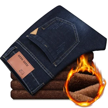 2023 Новые Мужские теплые джинсы Высокого качества, известный бренд, осенне-зимние джинсы, теплые, из флока, Теплые, мягкие мужские джинсы