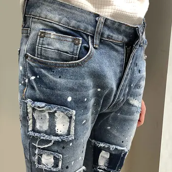Высококачественные джинсы в стиле хип-хоп, мужские трендовые брендовые модные брюки, Европейский Стиль, Синяя заплатка с дырками, краска, Тонкий Маленький Прямой Бочонок, мужские джинсы