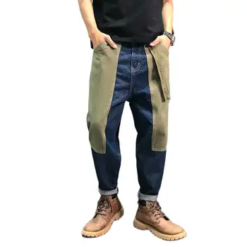 Мешковатые джинсы в стиле пэчворк в стиле ретро, мужские повседневные шаровары, Уличная Джинсовая одежда, Комбинезон в японском стиле, Брюки