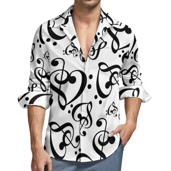 Рубашка с рисунком музыкальных нот в виде сердечек, черно-белый ключ, Повседневные рубашки с длинным рукавом, Эстетичные Блузки, Осенний Винтажный топ Оверсайз