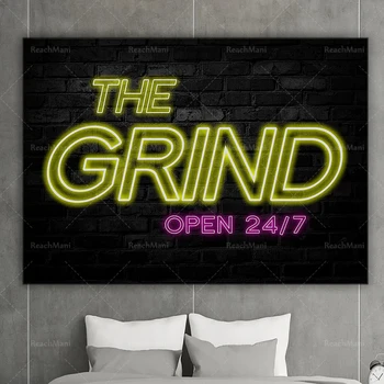 Печать на холсте Grind Open 24/7, Современный Мотивирующий Предприниматель, Вдохновляющий успех, Цитата, Настенный Плакат для офисного декора