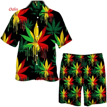 Летняя Мужская рубашка с роскошным гавайским рисунком в виде листьев, Рубашка на пуговицах с коротким рукавом, Мужская одежда из 2 предметов для отдыха, Уличный Лацкан, Мужская одежда