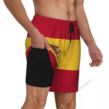 Мужские плавки с 3D рисунком Флага Испании с компрессионной подкладкой 2 в 1, Быстросохнущие летние шорты для плавания с карманами