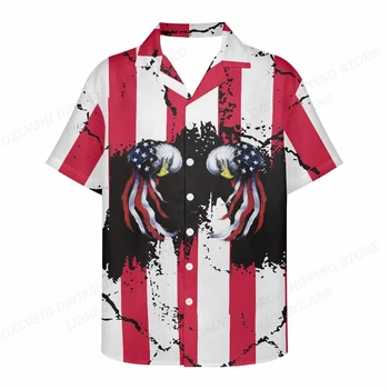 Мужские рубашки с принтом американского флага, Модная Гавайская кубинская рубашка с воротником-стойкой, Пляжная рубашка с орлом, мужская одежда в стиле Ретро с воротником-стойкой