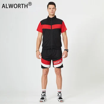 Летний мужской спортивный костюм для отдыха, футболка для бега трусцой с коротким рукавом на молнии + спортивные шорты с эластичной резинкой на талии, теннисный костюм для скоростного бега