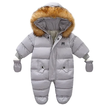 Детский Зимний Зимний комбинезон, Флисовый комбинезон, верхняя одежда, Теплая меховая куртка с капюшоном, пуховик с перчатками, комбинезоны для малышей, мальчиков и девочек