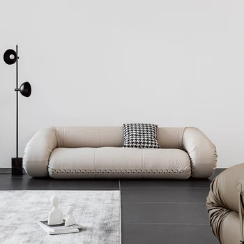 Черно-белый Напольный Раскладной диван-кровать Lazy для трех человек из натуральной кожи в скандинавском стиле в стиле ретро