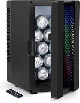 Мини-холодильник объемом 10 литров с разноцветными светодиодными лампами, Холодильник для охлаждения напитков на 10 банок, Модернизированный RGB-светильник с регулируемой подсветкой.