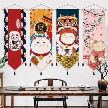 Fortune Cat Японская картина с прокруткой, холст, настенные художественные плакаты, Декор для ресторана, гостиной, Эстетические картины, Винтажный домашний декор