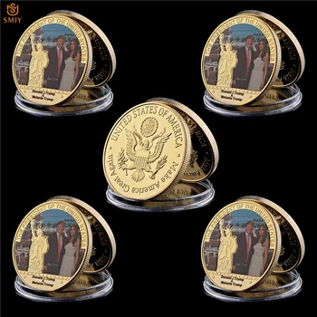 5шт. 45-й президент США Дональд Трамп и первая леди Позолоченная памятная монета мировой знаменитости 40 мм, сертификаты, подарки