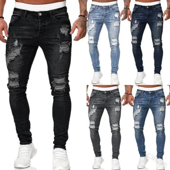 Модная уличная одежда в стиле хип-хоп, Узкие Рваные брюки, Потертый деним, мужская Дизайнерская одежда, Мужские джинсовые брюки Карандаш