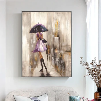 Абстрактная текстурная картина Леди под дождем с зонтиком, 100% ручная роспись маслом на холсте, современное настенное искусство, домашний декор