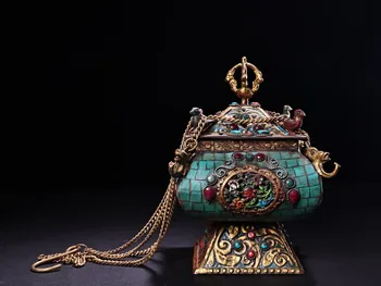 Коллекция Тибетского храма 6 дюймов, Старинный бронзовый контур с золотой мозаикой, драгоценный камень, птица Будды, курильница для благовоний, коробка из красного дерева, Зал поклонения