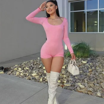 Zoctuo/ Женский летний розовый комбинезон 2023 года, длинный рукав, квадратный вырез, Сексуальная облегающая одежда с открытой спиной, повседневный цельный комбинезон для йоги