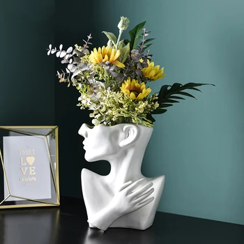 Европейский Поясной портрет, Статуя с белым лицом, Керамическая ваза + Искусственные цветочные поделки, Украшение для дома, гостиной, стола, статуэтки