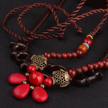 модное длинное ожерелье в этническом стиле vintgae chinese wind, новое ожерелье из сандалового дерева с красными цветами, ожерелье с антикварными камнями ручной работы