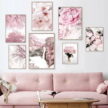 Художественный плакат с цветущей вишней и Гвоздикой, Розовый Цветок Пиона, картина на холсте с Горным принтом, Настенные картины в Скандинавском Стиле, Декор гостиной