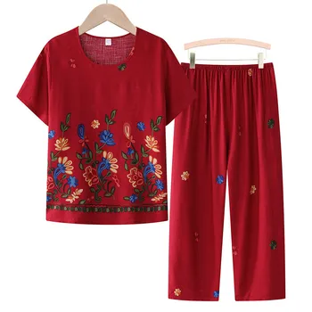 Летний Комплект из двух предметов для бабушки, Укороченные брюки-пижамы с короткими рукавами, Женская Пижама, Свободная Домашняя Одежда Для Матери среднего Возраста