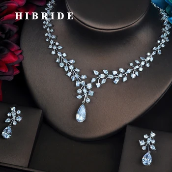 HIBRIDE, Элегантные женские комплекты украшений для невесты с кубическим цирконием, ожерелье, Аксессуары для свадебного платья, подарки Оптом N-427