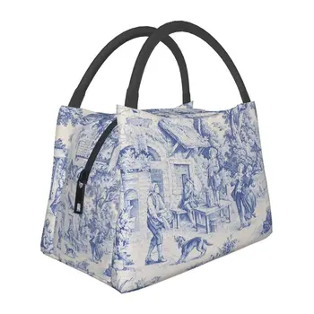 Винтажная Классическая Французская сумка Toile De Jouy Темно-синего цвета с рисунком, Термоизолированная сумка для ланча, Ланч-тоут для хранения еды, коробка для еды