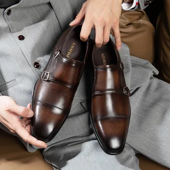 Удобная официальная мужская обувь Из натуральной кожи с двойным монашеским ремешком, черные, Коричневые мужские Модные модельные туфли, Свадебные туфли-Оксфорды Для мужчин