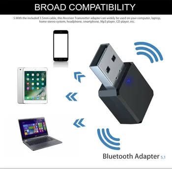Аудиоприемник BT 5.1 с двойным выходом 3,5 мм AUX USB Беспроводная адаптация Bluetooth-совместимого аудиоприемника 5.1 Адаптер Aux-кабеля